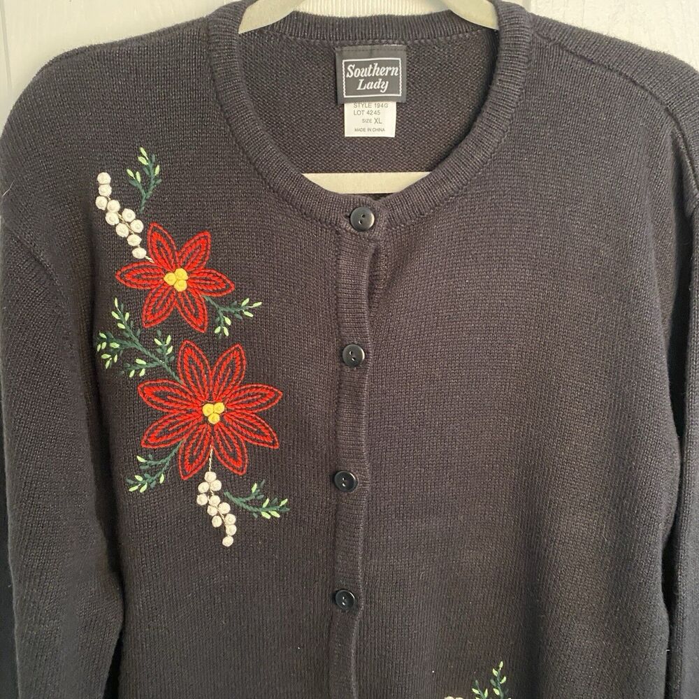 Vintage Christmas Cardigan Sweater Holiday Poinsettia Black Size XL Ramie Cotton